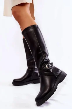 Boto Kozaki Płaskie|Kozaki Przed Kolano*Damskie Skórzane Kozaki Z Paskiem Czarne Liese