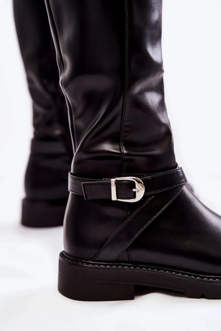 Boto Kozaki Płaskie|Kozaki Przed Kolano*Damskie Skórzane Kozaki Z Paskiem Czarne Liese