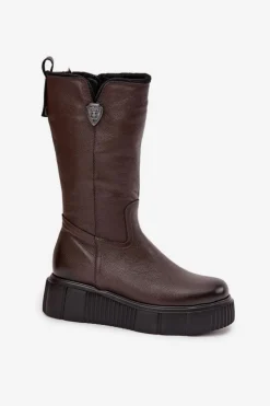 Online Zazoo Damskie Skórzane Kozaki Z Wełną 70121 Czekoladowe Brązowy