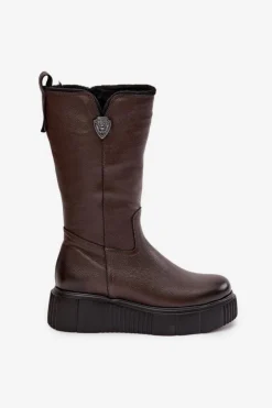 Online Zazoo Damskie Skórzane Kozaki Z Wełną 70121 Czekoladowe Brązowy
