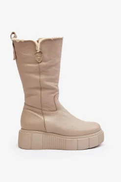 Zazoo Kozaki Ocieplane|Kozaki Na Koturnie*Damskie Skórzane Kozaki Z Wełną 70121 Beżowe Beżowy