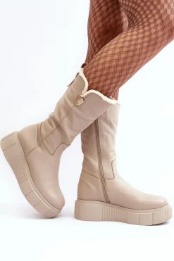 Zazoo Kozaki Ocieplane|Kozaki Na Koturnie*Damskie Skórzane Kozaki Z Wełną 70121 Beżowe Beżowy