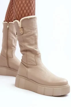Zazoo Kozaki Ocieplane|Kozaki Na Koturnie*Damskie Skórzane Kozaki Z Wełną 70121 Beżowe Beżowy