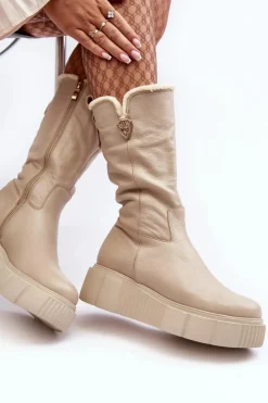 Zazoo Kozaki Ocieplane|Kozaki Na Koturnie*Damskie Skórzane Kozaki Z Wełną 70121 Beżowe Beżowy