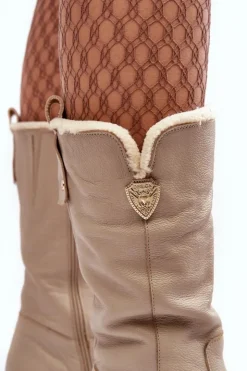 Zazoo Kozaki Ocieplane|Kozaki Na Koturnie*Damskie Skórzane Kozaki Z Wełną 70121 Beżowe Beżowy