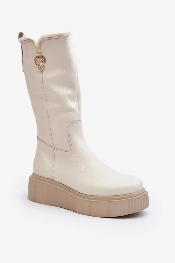 Damskie Zazoo Damskie Skórzane Kozaki Z Wełną Kremowe Bayla