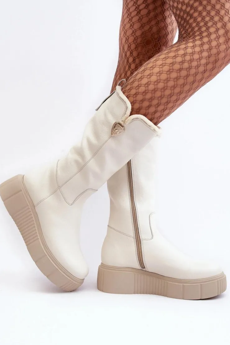 Damskie Zazoo Damskie Skórzane Kozaki Z Wełną Kremowe Bayla