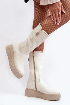 Damskie Zazoo Damskie Skórzane Kozaki Z Wełną Kremowe Bayla