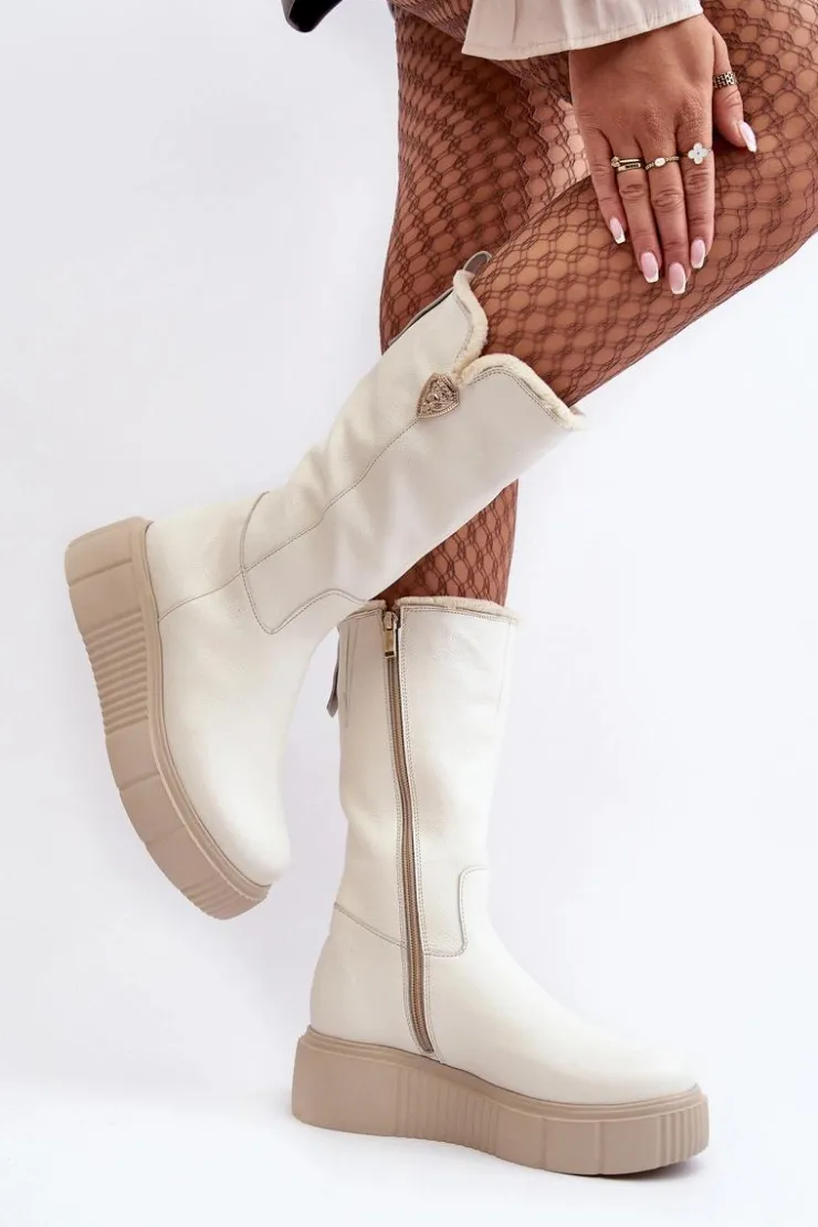 Damskie Zazoo Damskie Skórzane Kozaki Z Wełną Kremowe Bayla