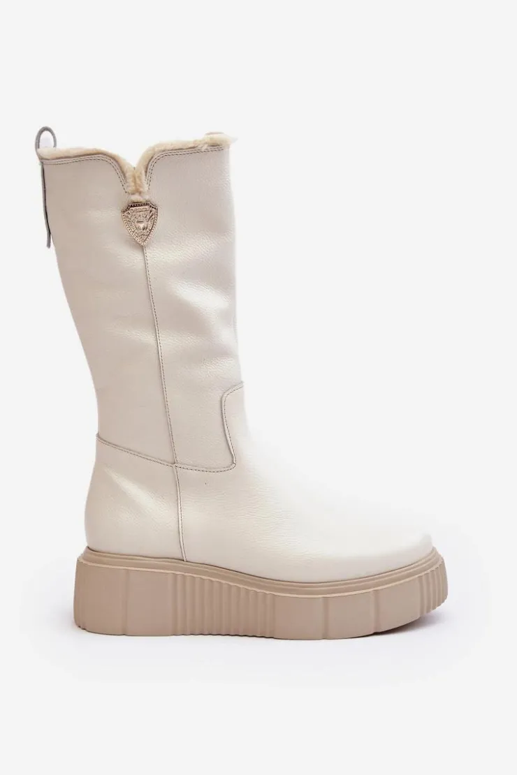 Damskie Zazoo Damskie Skórzane Kozaki Z Wełną Kremowe Bayla