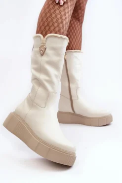 Damskie Zazoo Damskie Skórzane Kozaki Z Wełną Kremowe Bayla