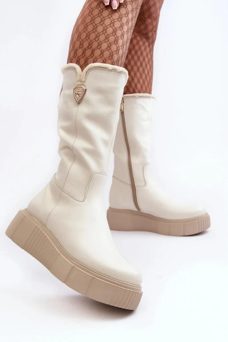 Damskie Zazoo Damskie Skórzane Kozaki Z Wełną Kremowe Bayla