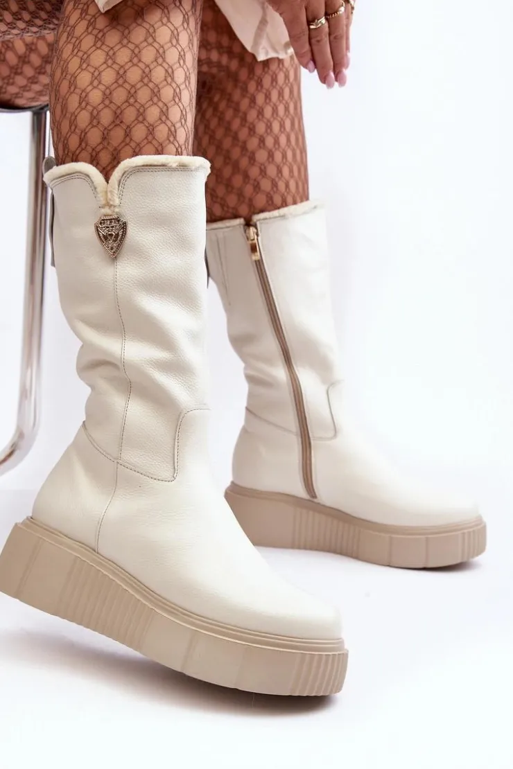 Damskie Zazoo Damskie Skórzane Kozaki Z Wełną Kremowe Bayla