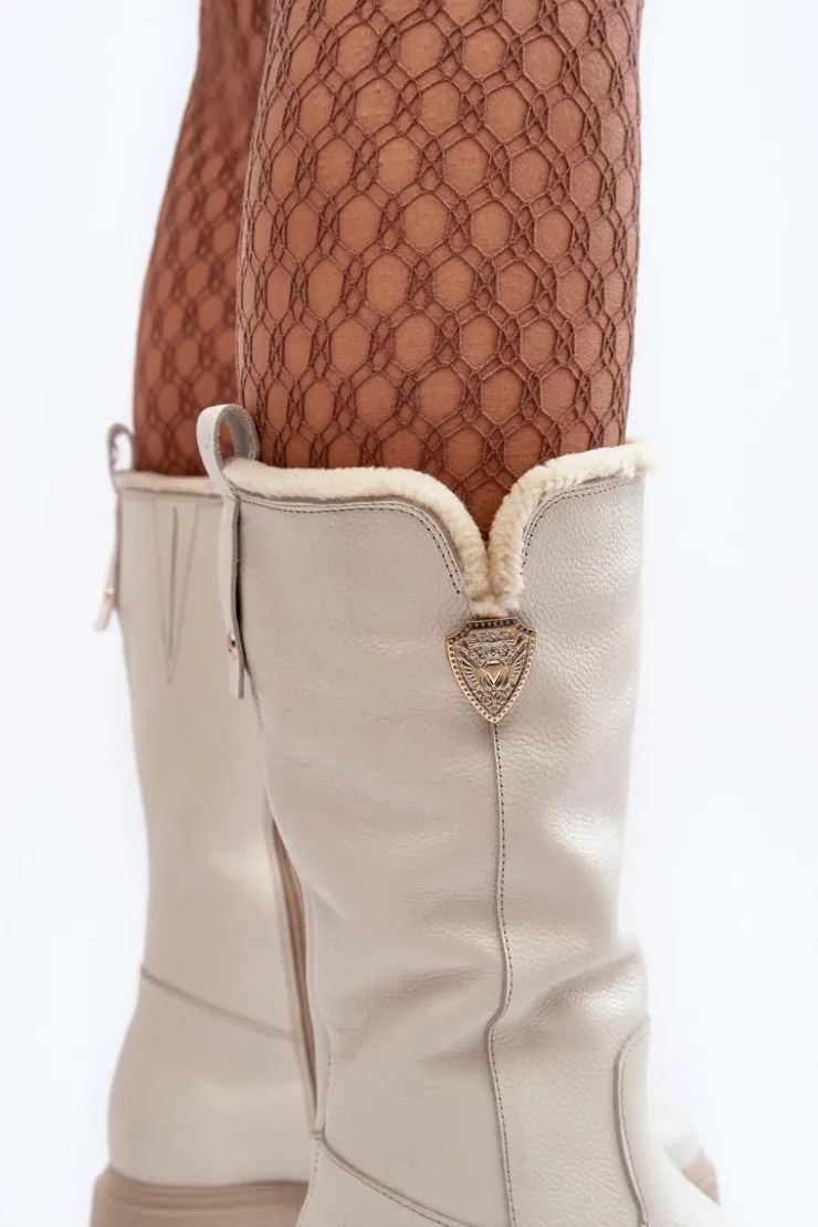 Damskie Zazoo Damskie Skórzane Kozaki Z Wełną Kremowe Bayla