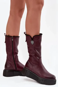 Damskie Zazoo Damskie Skórzane Kozaki Z Wełną 70121 Bordowe