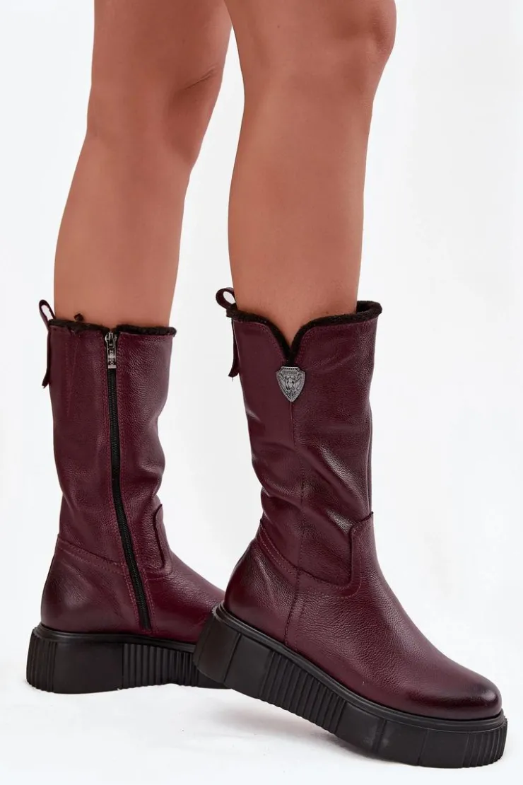 Damskie Zazoo Damskie Skórzane Kozaki Z Wełną 70121 Bordowe