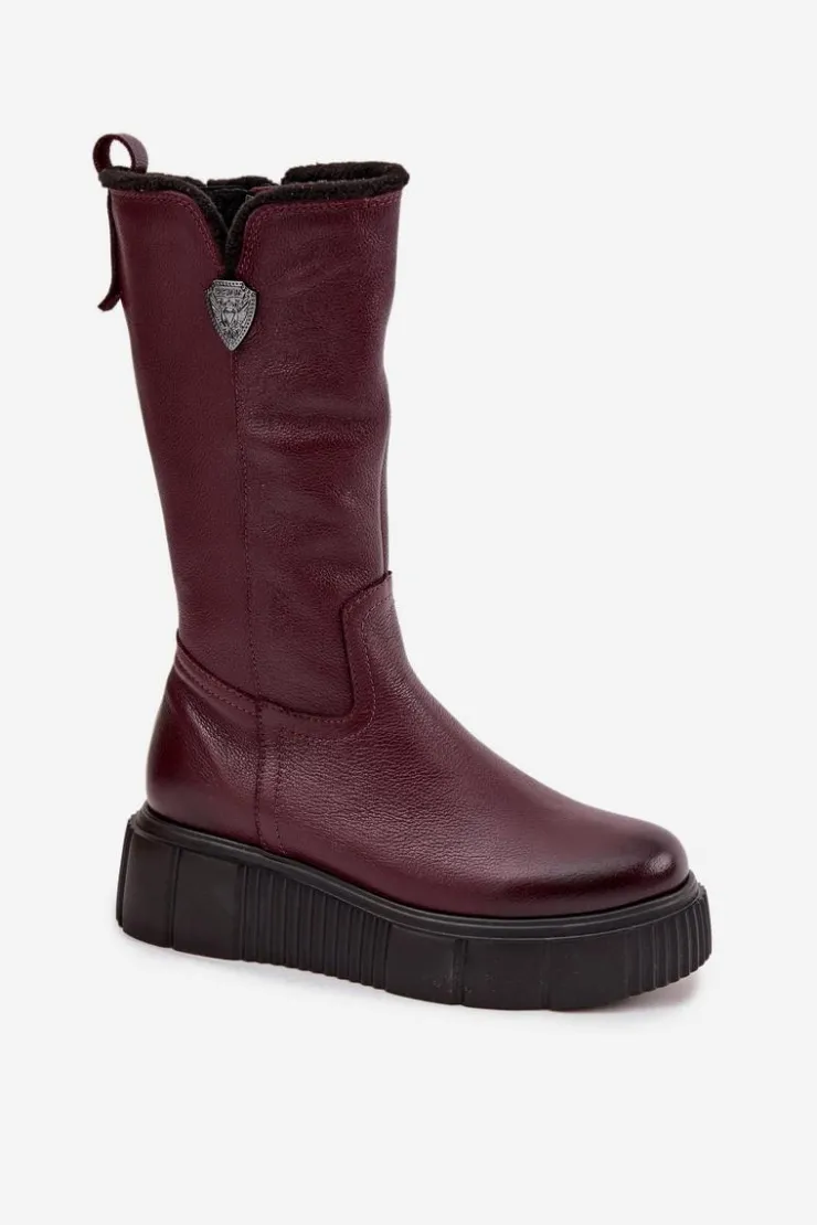 Damskie Zazoo Damskie Skórzane Kozaki Z Wełną 70121 Bordowe