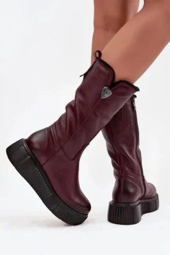 Damskie Zazoo Damskie Skórzane Kozaki Z Wełną 70121 Bordowe