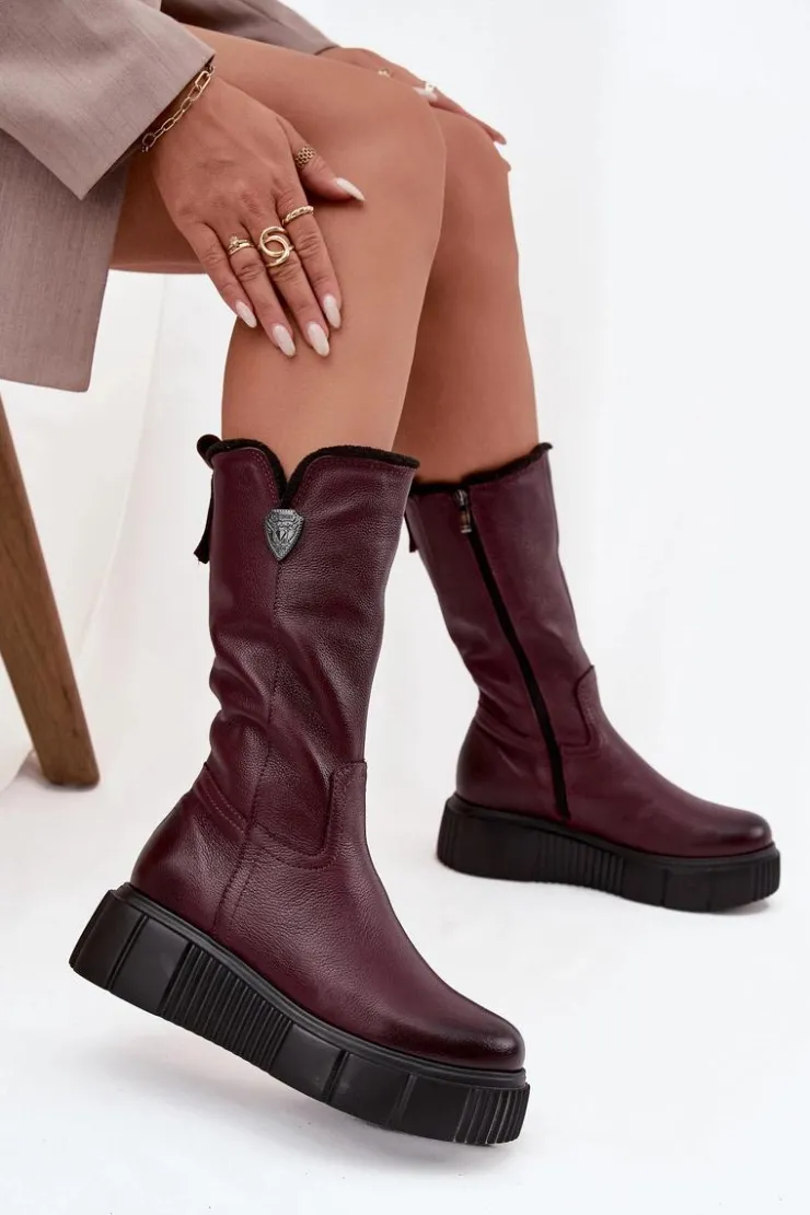 Damskie Zazoo Damskie Skórzane Kozaki Z Wełną 70121 Bordowe