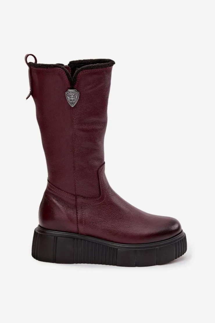 Damskie Zazoo Damskie Skórzane Kozaki Z Wełną 70121 Bordowe
