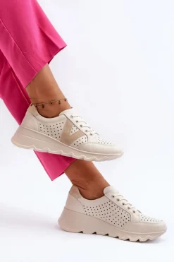 Buty damskie Vinceza Sneakersy Damskie*Damskie Skórzane Lekkie Buty Sportowe Beżowe Eleonori Beżowy