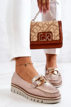 Damskie Boto Damskie Skórzane Mokasyny Na Platformie Beżowe Venesia