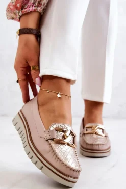 Damskie Boto Damskie Skórzane Mokasyny Na Platformie Beżowe Venesia