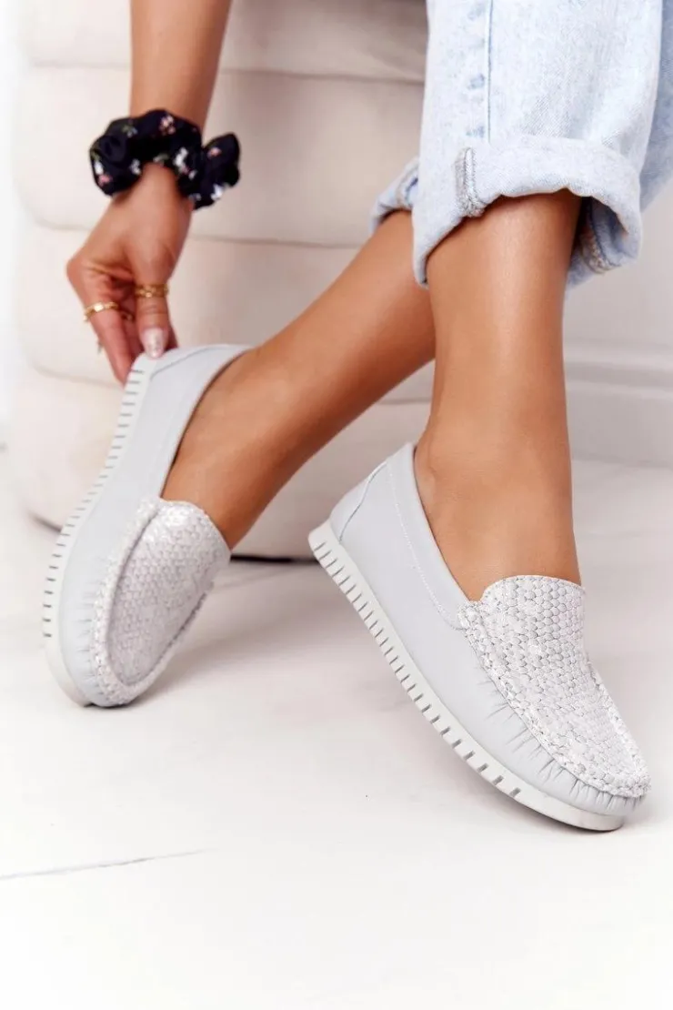 Damskie Damskie buty S.Barski Damskie Skórzane Mokasyny S.Barski 97630 Szare