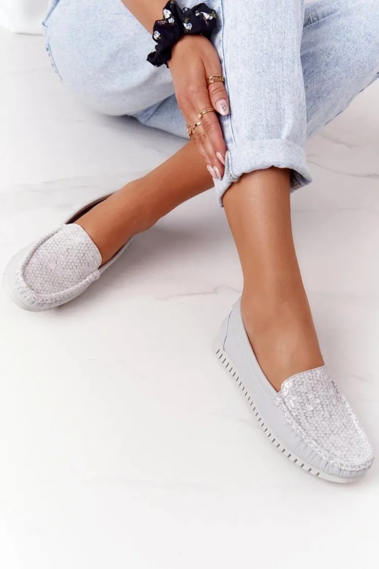 Damskie Damskie buty S.Barski Damskie Skórzane Mokasyny S.Barski 97630 Szare