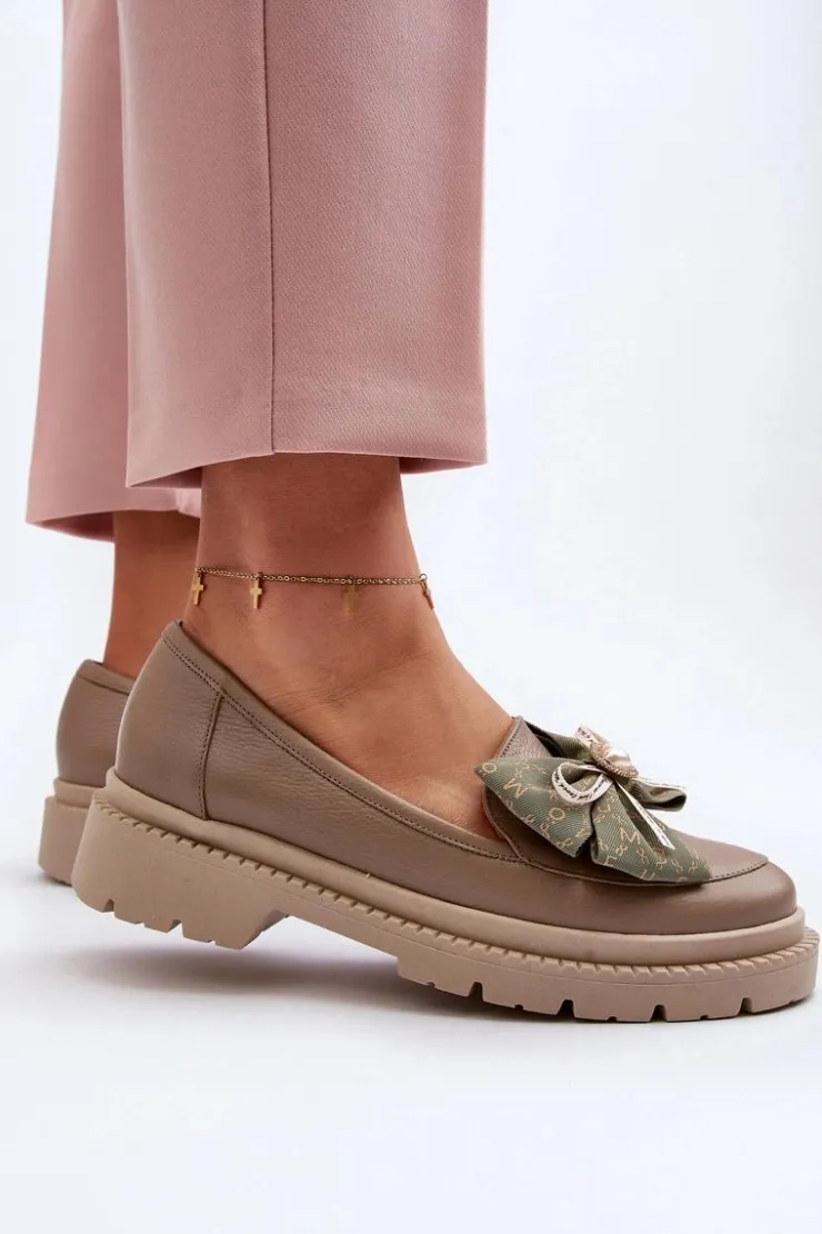 Damskie Laura Messi Damskie Skórzane Mokasyny Z Kokardą 2787 Beżowe