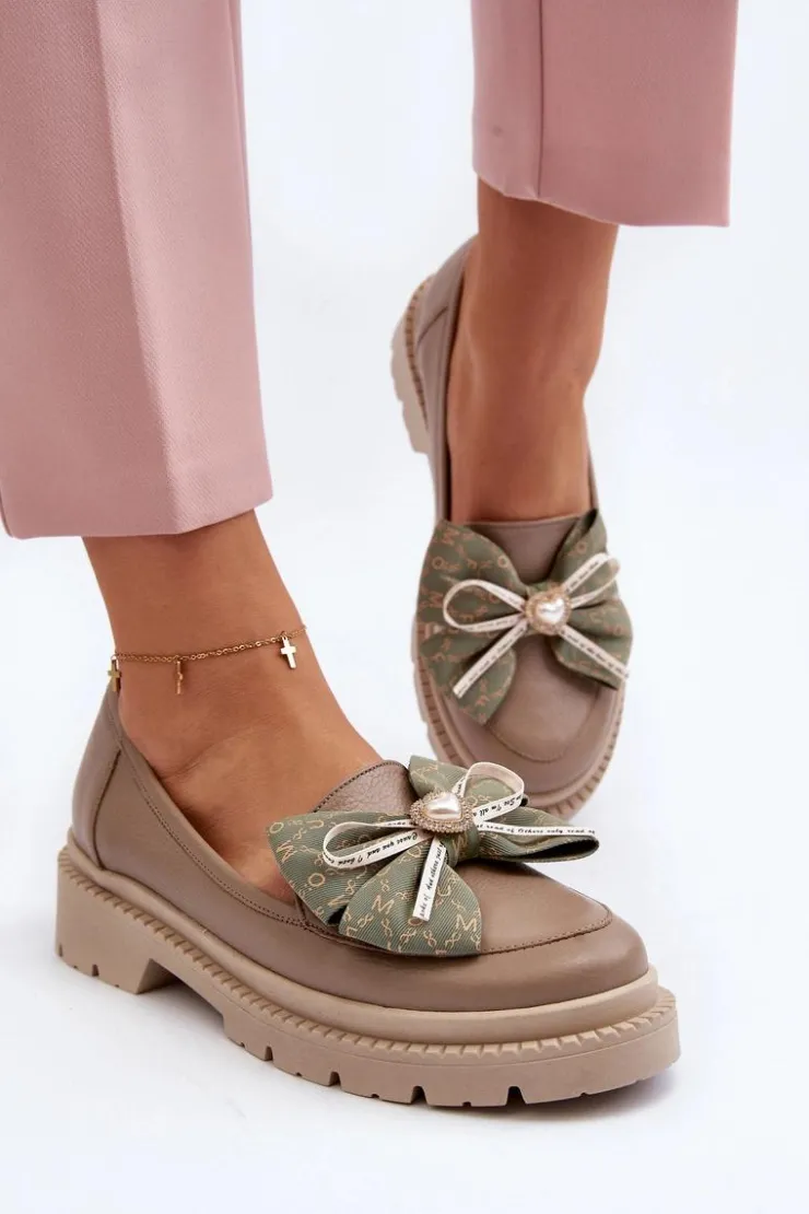 Damskie Laura Messi Damskie Skórzane Mokasyny Z Kokardą 2787 Beżowe