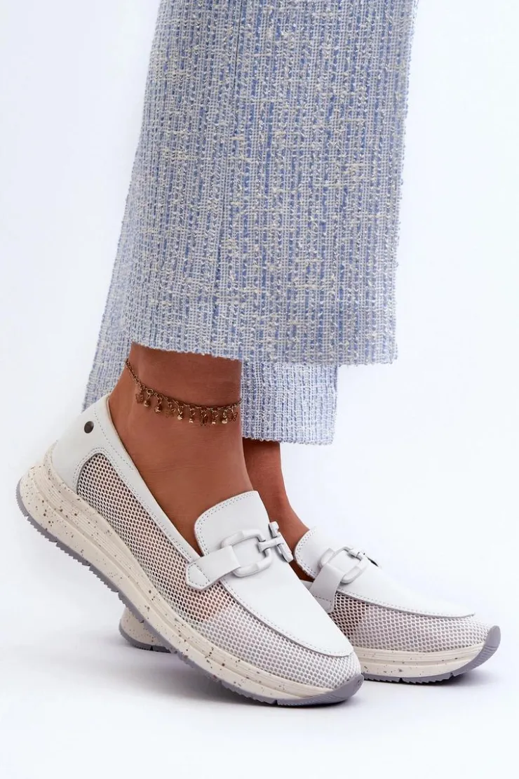 Damskie Damskie buty S.Barski Damskie Skórzane Mokasyny D&A TW210 Białe