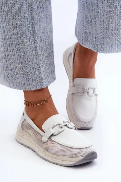 Damskie Damskie buty S.Barski Damskie Skórzane Mokasyny D&A TW210 Białe