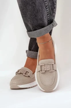 Best Damskie buty S.Barski Damskie Skórzane Mokasyny Na Platformie S.Barski LR51-556 Beżowe Beżowy