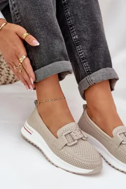 Best Damskie buty S.Barski Damskie Skórzane Mokasyny Na Platformie S.Barski LR51-556 Beżowe Beżowy