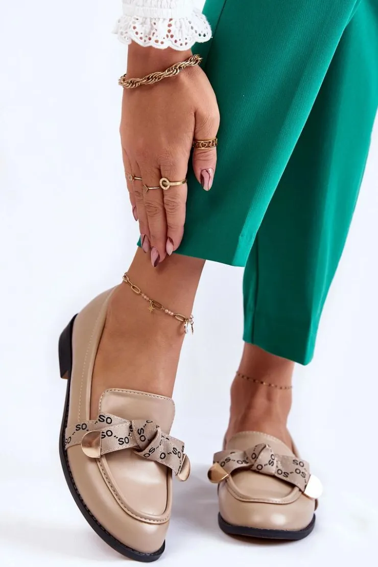 Discount Boto Damskie Skórzane Mokasyny Z Kokardą Beżowe Dayes