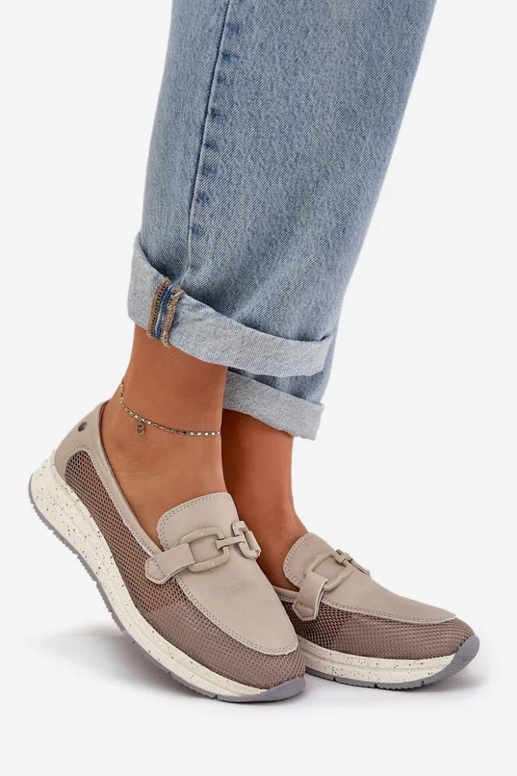 Damskie Damskie buty S.Barski Damskie Skórzane Mokasyny D&A TW210 Szare