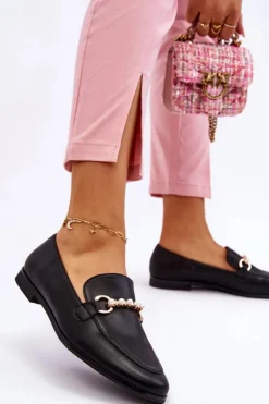 Boto Mokasyny Damskie Skórzane*Damskie Skórzane Mokasyny Z Ozdobnymi Perełkami Czarne Ishan