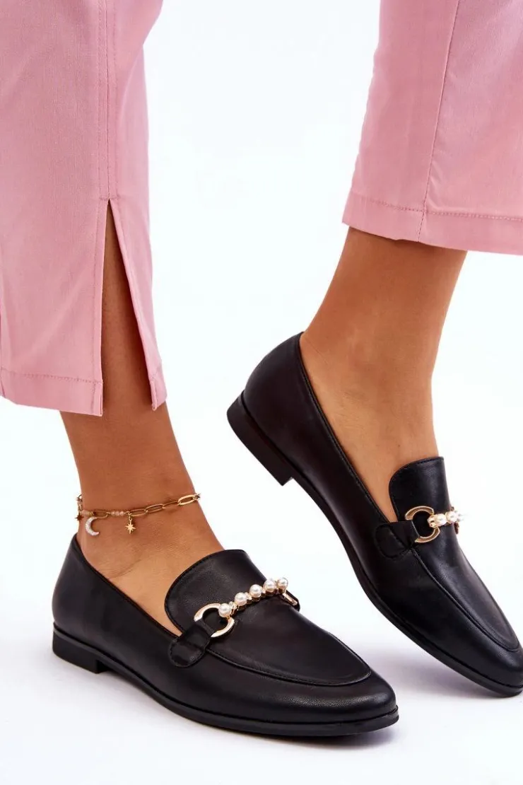 Boto Mokasyny Damskie Skórzane*Damskie Skórzane Mokasyny Z Ozdobnymi Perełkami Czarne Ishan