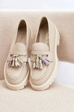 Damskie CheBello Damskie Skórzane Mokasyny Z Frędzlami 3096 Beżowe