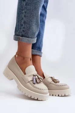 Damskie CheBello Damskie Skórzane Mokasyny Z Frędzlami 3096 Beżowe