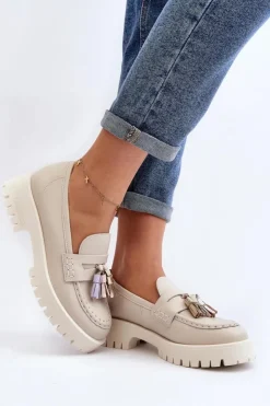 Damskie CheBello Damskie Skórzane Mokasyny Z Frędzlami 3096 Beżowe