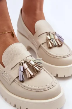 Damskie CheBello Damskie Skórzane Mokasyny Z Frędzlami 3096 Beżowe