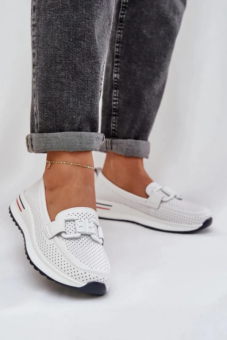 Damskie buty S.Barski Loafersy Damskie|Mokasyny Damskie Skórzane*Damskie Skórzane Mokasyny Na Platformie S.Barski LR51-556 Białe