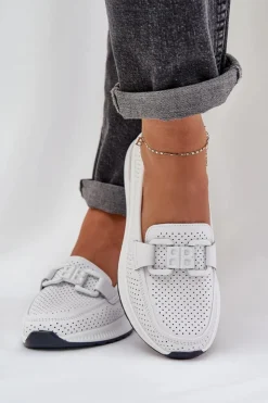 Damskie buty S.Barski Loafersy Damskie|Mokasyny Damskie Skórzane*Damskie Skórzane Mokasyny Na Platformie S.Barski LR51-556 Białe