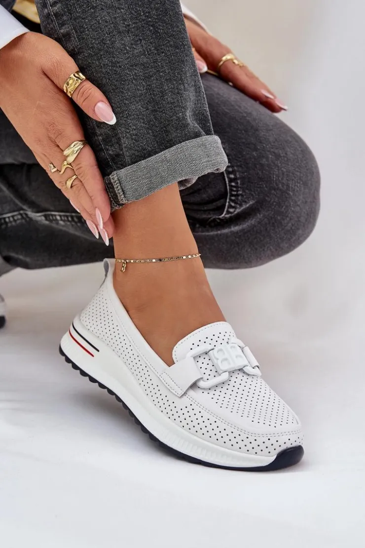 Damskie buty S.Barski Loafersy Damskie|Mokasyny Damskie Skórzane*Damskie Skórzane Mokasyny Na Platformie S.Barski LR51-556 Białe