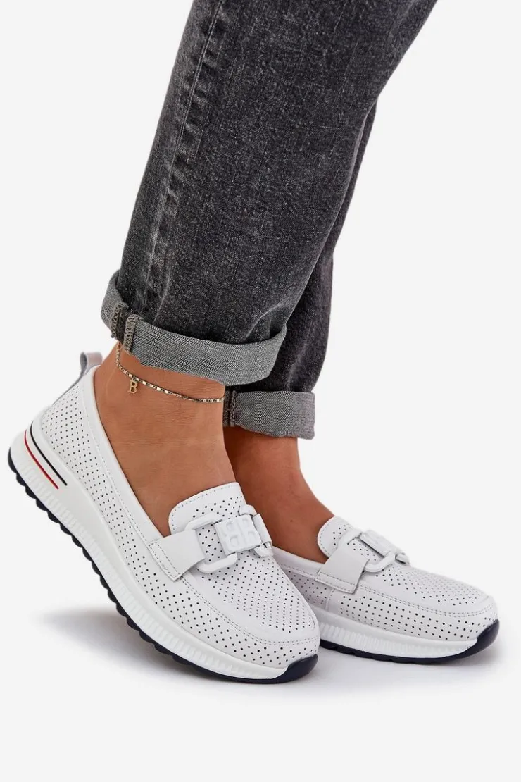 Damskie buty S.Barski Loafersy Damskie|Mokasyny Damskie Skórzane*Damskie Skórzane Mokasyny Na Platformie S.Barski LR51-556 Białe