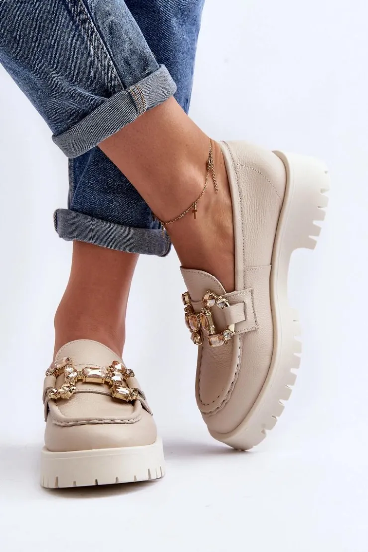 Discount CheBello Damskie Skórzane Mokasyny Z Ozdobą 4369 Beżowe