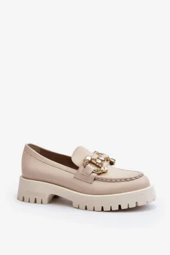 Discount CheBello Damskie Skórzane Mokasyny Z Ozdobą 4369 Beżowe