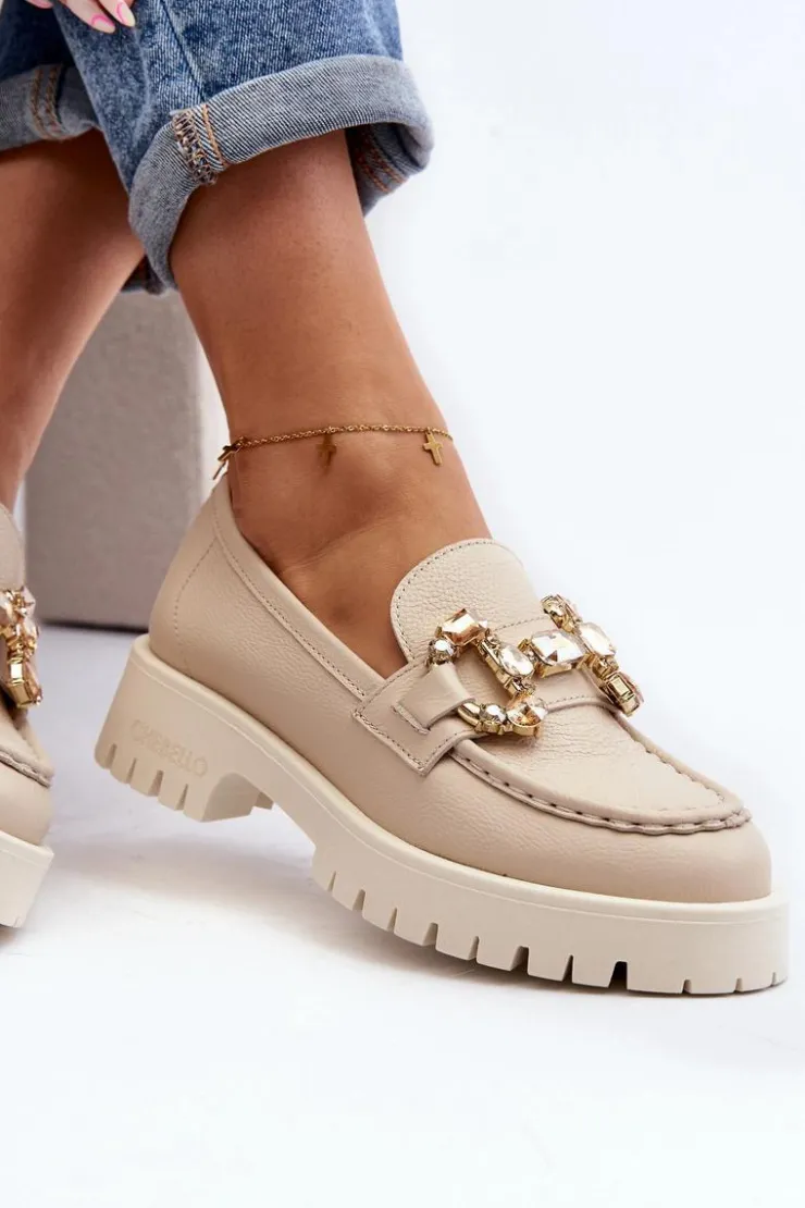 Discount CheBello Damskie Skórzane Mokasyny Z Ozdobą 4369 Beżowe